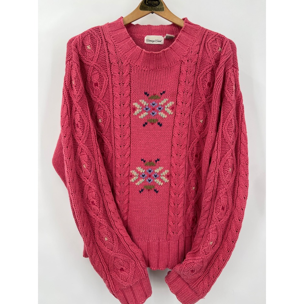 Vintage Carriage Court Pink Cable Knit Embroidered Floral Sweater Ramie Cotton L
